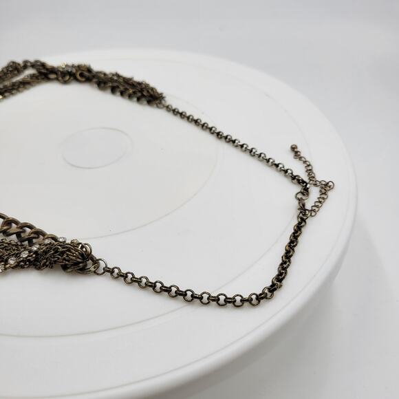 Vtg Layered Chain Necklace 28" Gold Tone Beaded Rhinestone Accent Rustic Rocker - Picture 9 of 12
